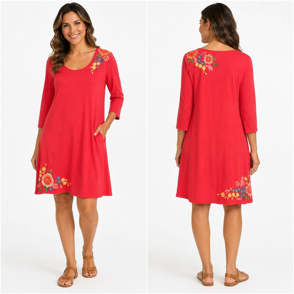 JW Los Angeles Johnny Was Dress L Red Floral Embroidered Cotton Boho 3/4 Sleeve